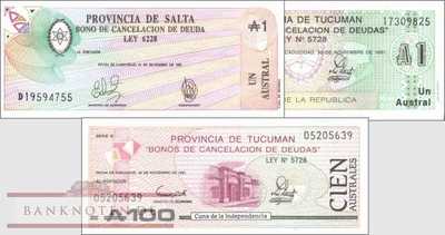 Argentinien:  1 Austral de Salta  - 100 Australes de Tucuman (3 Banknoten)