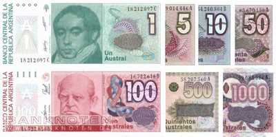 Argentinien:  1 - 1.000 Australes (7 Banknoten)