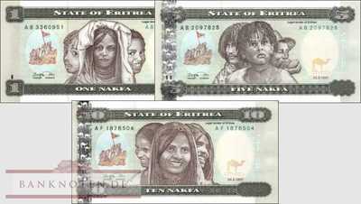 Eritrea: 1 - 10 Nakfa (3 Banknoten)