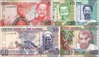 Gambia: 5 Dalasis - 100 Dalasis (5 Banknoten)