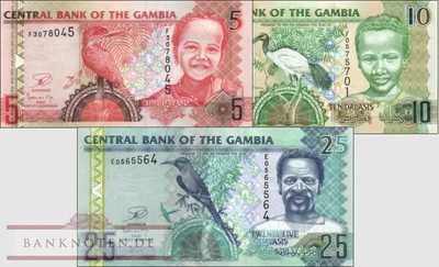 Gambia: 5 Dalasis - 25 Dalasis (3 Banknoten)