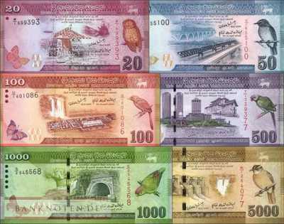 Sri Lanka: 20 - 5.000 Rupees im Folder, alle gleiche Seriennummer (6 Banknoten)