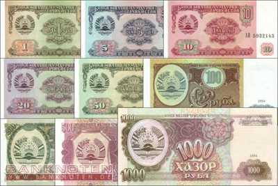 Tadschikistan: 1 - 1.000 Rubel (9 Banknoten)