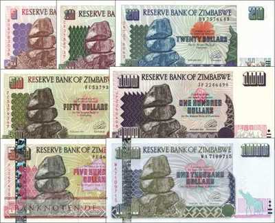 Zimbabwe: 5 Dollars - 1.000 Dollars (7 Banknoten)