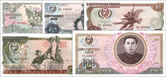 Nordkorea: 1 Won - 100 Won (5 Banknoten)