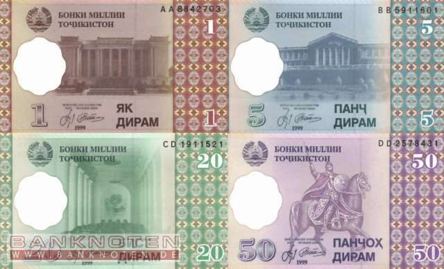 Tadschikistan: 1 - 50 Dirams (4 Banknoten)