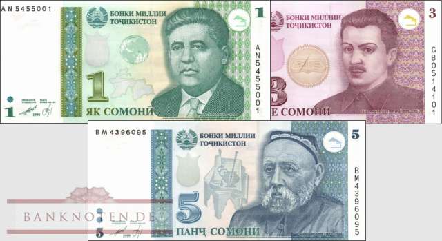 Tadschikistan: 1 - 5 Somoni (3 Banknoten)