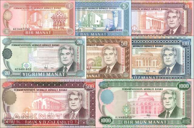 Turkmenistan: 1 Manat - 1.000 Manat (8 Banknoten)