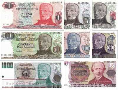 Argentina:  1 - 5.000 Pesos Argentinos (8 banknotes)
