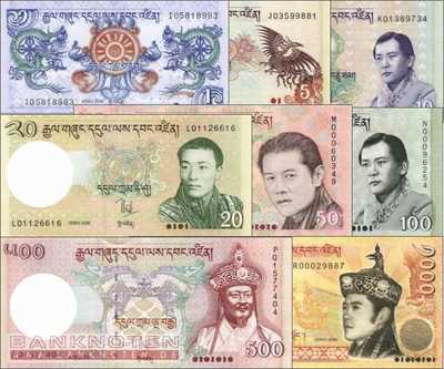 Bhutan: 1 - 1.000 Ngultrum (8 banknotes)