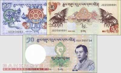 Bhutan: 1 - 10 Ngultrum (3 banknotes)