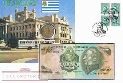Banknotenbrief Uruguay - 100  Nuevos Pesos - mit Münze (#URU05_UNC)