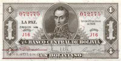 Bolivien - 1  Boliviano (#128c-2_UNC)
