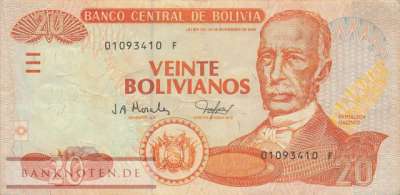 Bolivia - 20  Bolivianos (#224_F)