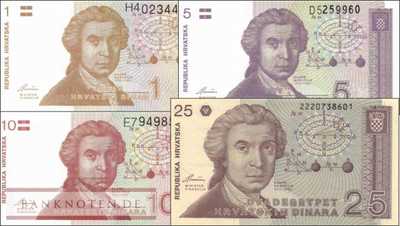 Kroatien: 1 - 25 Dinara (4 Banknoten)