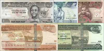 Ethiopia: 1 - 100 Birr (5 banknotes)