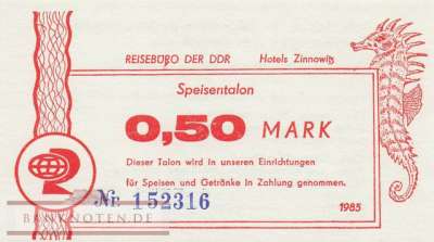 Speisetalon Hotels Zinnowitz - 0,50  Mark (#DDR-HG64_1a_UNC)