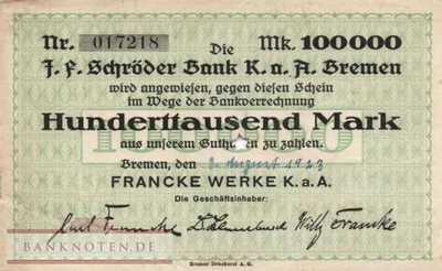 Bremen - 100.000  Mark (#I23_0585aE_VF)