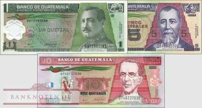Guatemala: 1 - 10 Quetzales (3 banknotes)