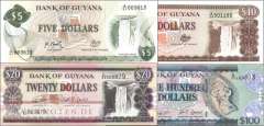 Guyana:  1 - 100 Dollars (5 banknotes)
