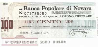 Banca Popolare di Novara - Castiglione - 100  Lire (#06m_26_37_UNC)