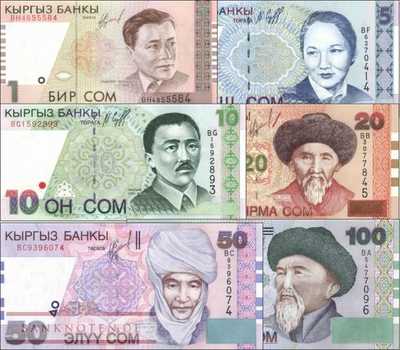 Kirgistan: 1 - 100 Som (6 banknotes)