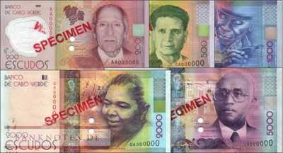 Kap Verden: 200 - 5.000 Escudos SPECIMEN (5 Banknoten)