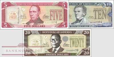 Liberia: 5 - 20 Dollars (3 banknotes)