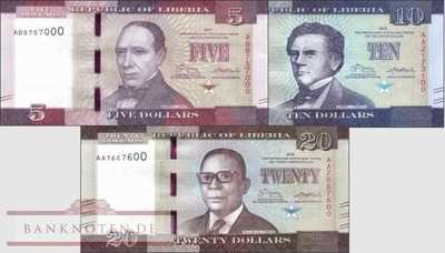 Liberia: 5 - 20 Dollars 2016/17 (3 Banknoten)