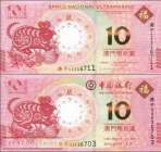 Macao:  2x 10 Patacas year of the rat (2 banknotes)