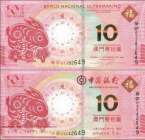 Macao:  2x 10 Patacas year of the rabitt (2 banknotes)
