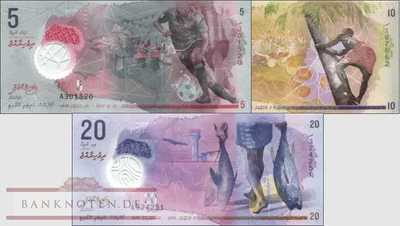 Maldives: 5 - 20 Rufiyaa (3 banknotes)