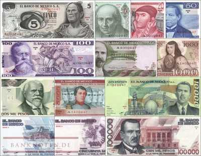 Mexico: 5 - 100.000 Pesos series A - matching serial A00028xx (13 banknotes)