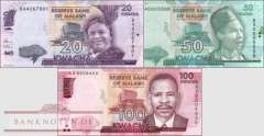 Malawi: 20 Kwacha - 100 Kwacha (3 Banknoten)