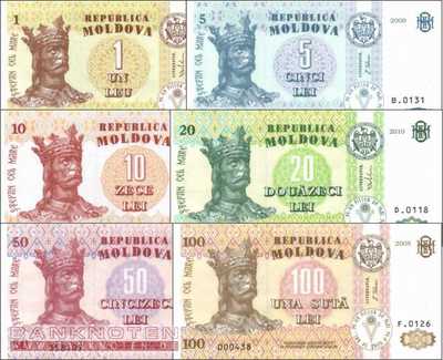 Moldawien: 1 - 100 Lei (6 Banknoten)