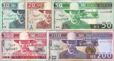 Namibia: 10 - 200 Dollars (5 Banknoten)