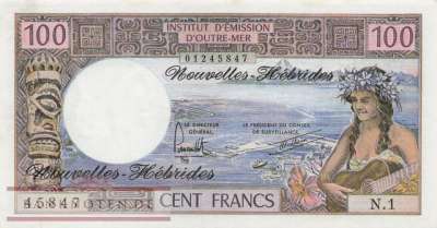 New Hebrides - 100  Francs (#018d_XF)