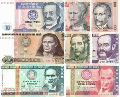 Peru:  10 - 50.000 Intis (8 banknotes)