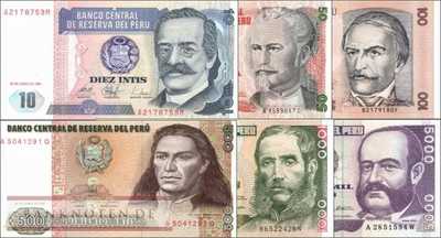 Peru:  10 - 5.000 Intis (6 Banknoten)