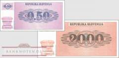 Slovenia: 0,5 + 2.000 Tolar (2 banknotes in small plastic sleeve)