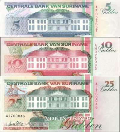 Suriname: 5 - 25 Gulden (3 banknotes)