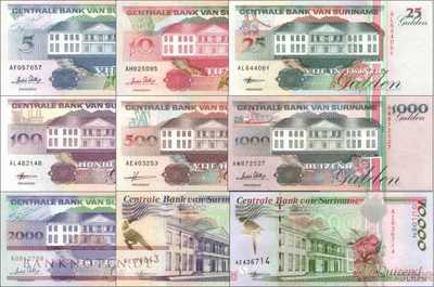 Suriname: 5 - 10.000 Gulden (9 banknotes)