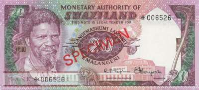 Swaziland - 20  Emalangeni - SPECIMEN (#005-CS_UNC)
