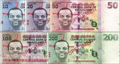 Swaziland: 10 - 200 Emalangeni SPECIMEN (5 banknotes)