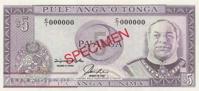 Tonga - 5  Pa'anga - SPECIMEN (#027S_UNC)