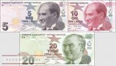 Türkei: 5 - 20 Lira (3 Banknoten)