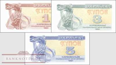 Ukraine: 1 - 5 Karbowanetz (3 Banknoten)