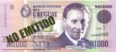 Uruguay - 1.000  Nuevos Pesos - green overprint (#067A-3_UNC)