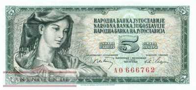 Yugoslavia - 5  Dinara (#081a_UNC)