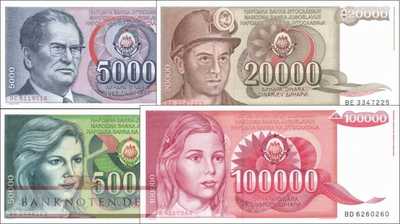 Jugoslawien: 5.000 - 100.000 Dinara (4 Banknoten)